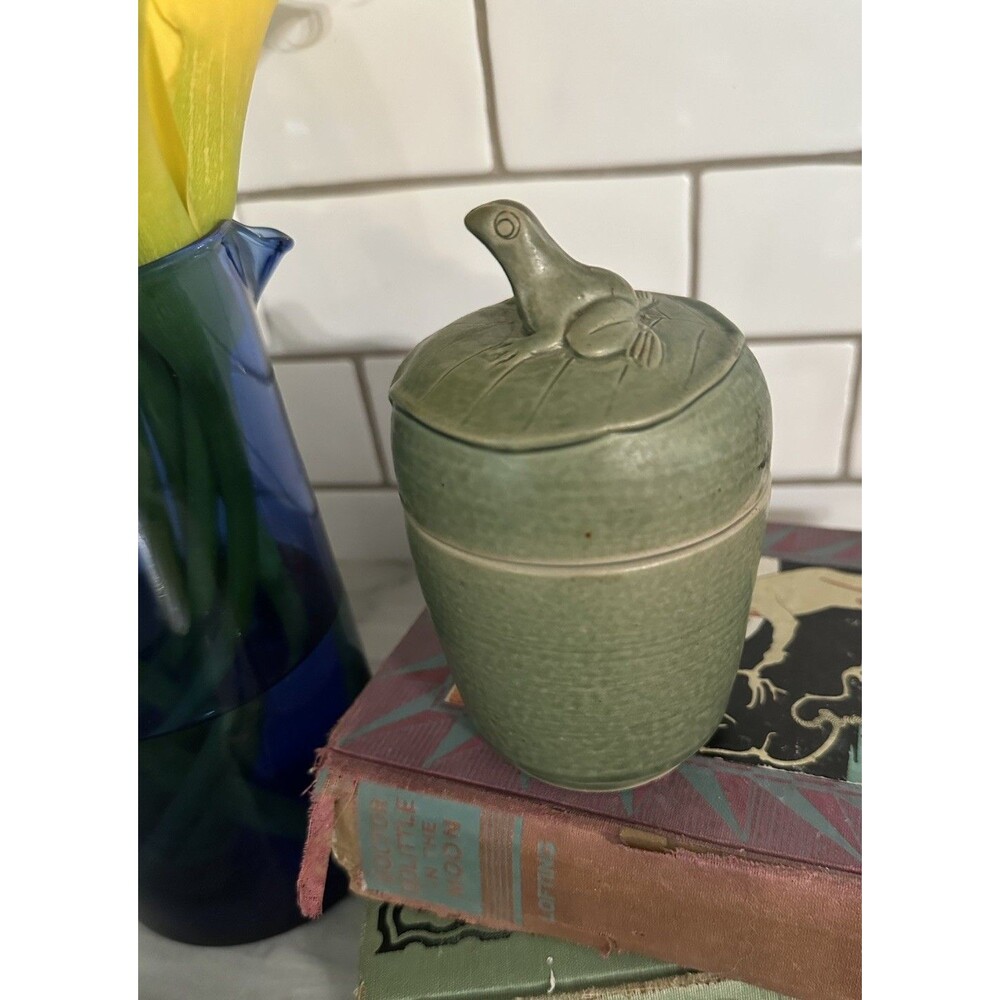 Vintage Studio Pottery Frog Lidded Jar Green Matte Stoneware Art Pottery